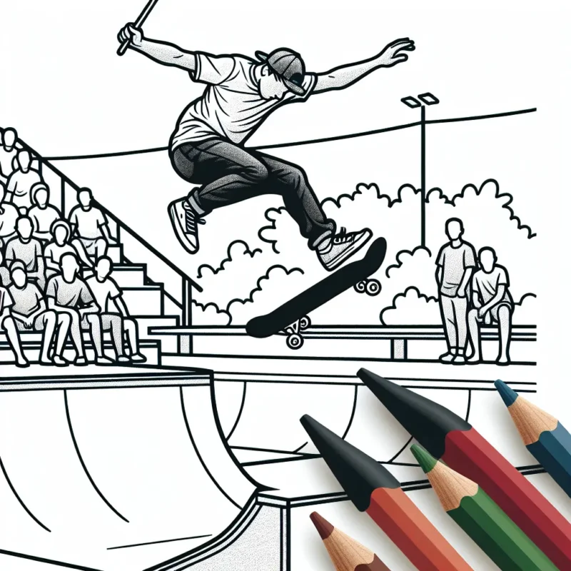 Imagine un dessin représentant un skateur professionnel en action, sautant haut au-dessus d'une rampe dans un skatepark. N'oublie pas de dessiner du public en arrière-plan pour souligner l'audace et le talent du sportif.