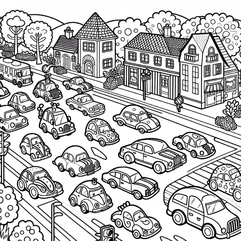 Imagine un coloriage où une parade de voitures défile dans une petite ville animée. Les voitures sont de toutes formes et tailles. Certaines ont une forme classique, tandis que d'autres ressemblent à des animaux, des fruits ou ont d'autres formes imaginatives. Il y a aussi des détails à colorier dans le paysage, comme des maisons, des arbres, des piétons et même quelques feux de circulation.