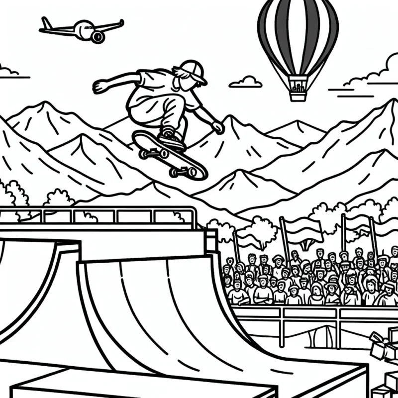 Un skateur professionnel est en plein saut au dessus d'une grande rampe, dans un parc de skate. Derrière lui, une montgolfière vole près des montagnes. En arrière plan, on voit des spectateurs clairsemés, soutenant le skateur avec des drapeaux de leurs pays respectifs.