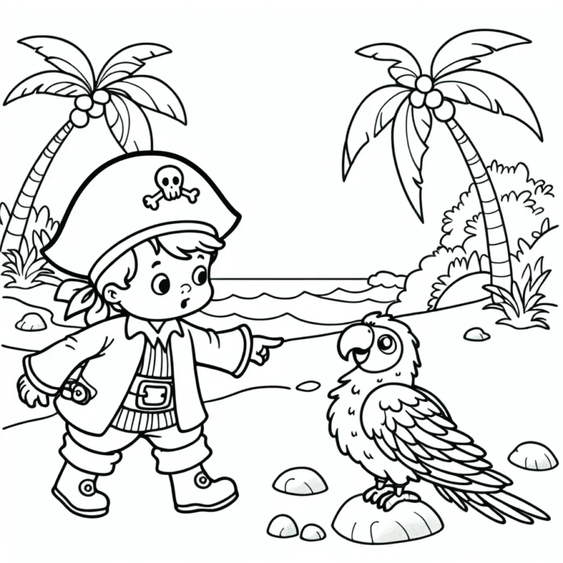 Un jeune pirate et son fidèle perroquet cherchent un trésor sur une île déserte