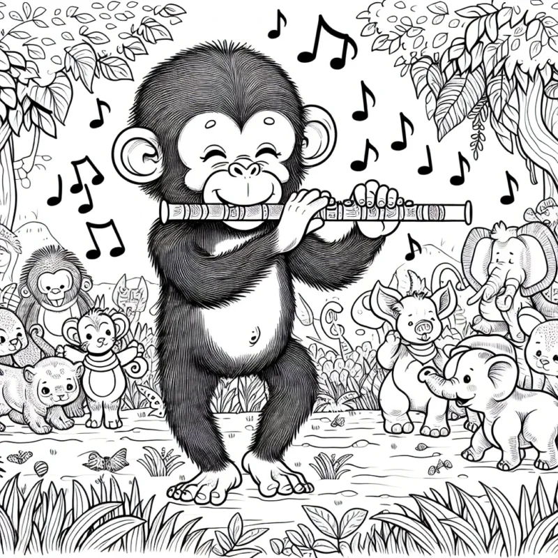 Un chimpanzé joue de la flûte dans la jungle, entouré par d'autres animaux qui dansent au son de la musique