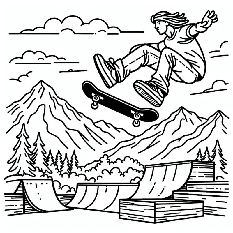 Dessine un skateur effectuant un saut incroyable au-dessus d'une rampe, avec des montagnes en arrière-plan.