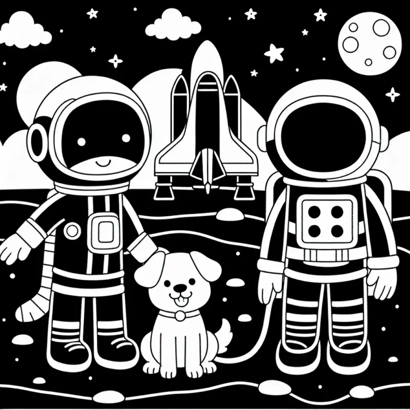 Un astronaute avec son chien sur Mars à côté d'une navette spatiale