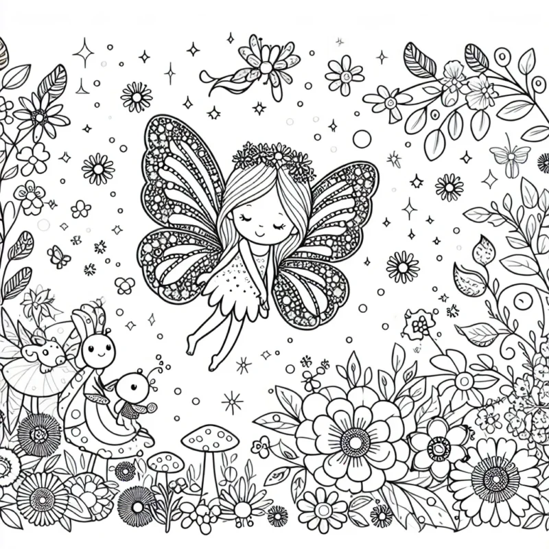 Une petite fée éblouissante avec ses ailes étincelantes, flottant dans un jardin enchanteur plein de fleurs colorées et d'animaux mignons!
