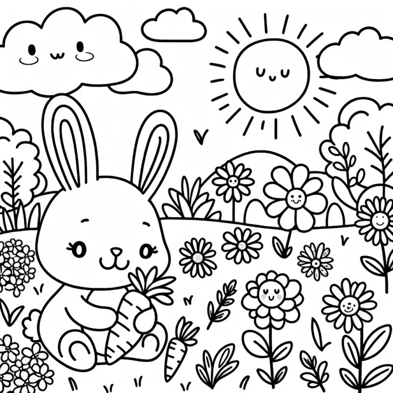 Dessine un paisible jardin anglais avec un lapin mangeant une carotte, une belle variété de fleurs, et un soleil souriant dans le ciel.
