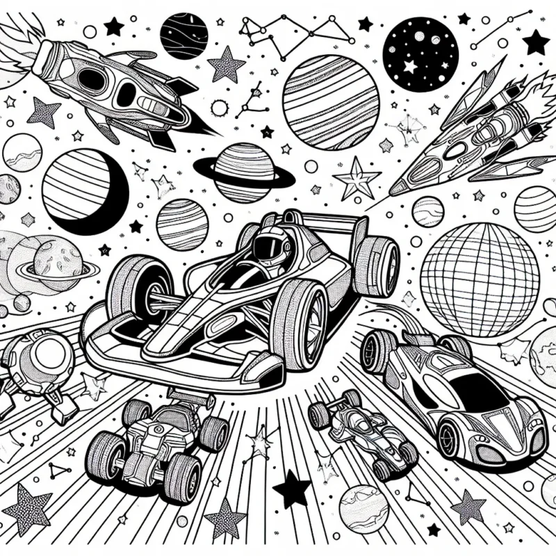 Une course effrénée de voitures spatiales dans la galaxie avec différentes planètes et constellations à personnaliser