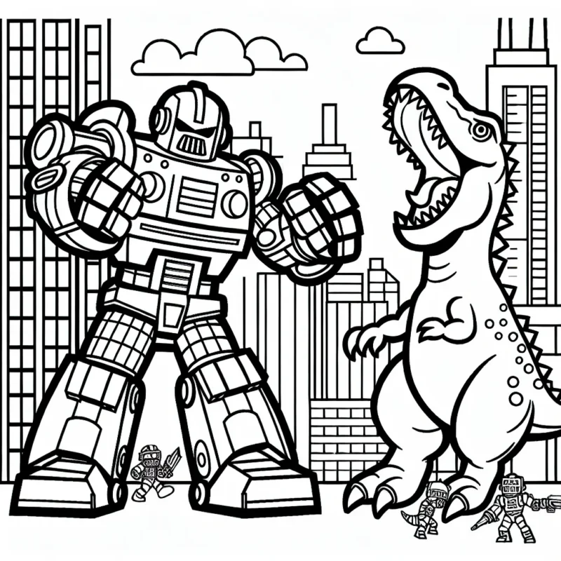 Un robot géant défendant la ville contre un dinosaure féroce