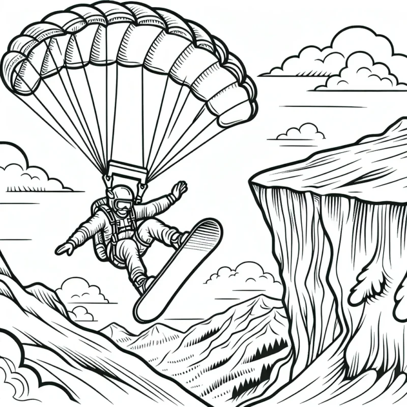 Dessine un parachutiste qui saute d'une falaise élevée avec sa planche de snowboard prêt pour une descente extrême.