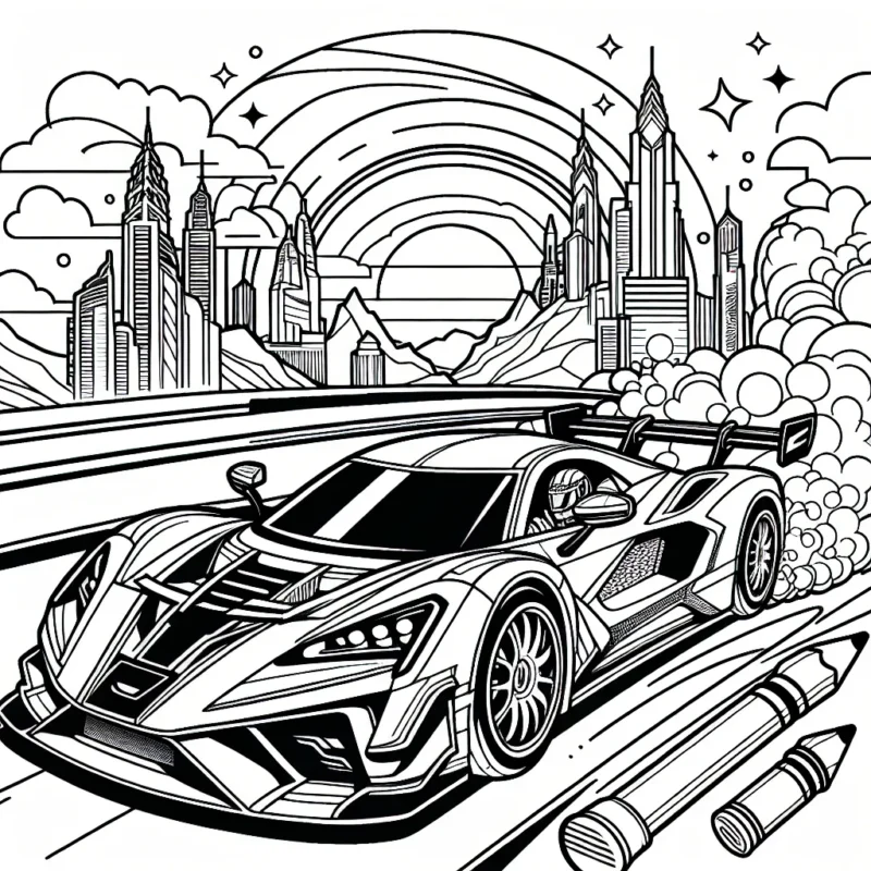 Ce dessin à colorier est dédié à tous les petits garçons qui aiment les voitures. Il représente une voiture de course ultra rapide dans un environnement exceptionnel. Prends aussi plaisir à colorer le pilote à l'intérieur et donner vie à la scène incroyable !