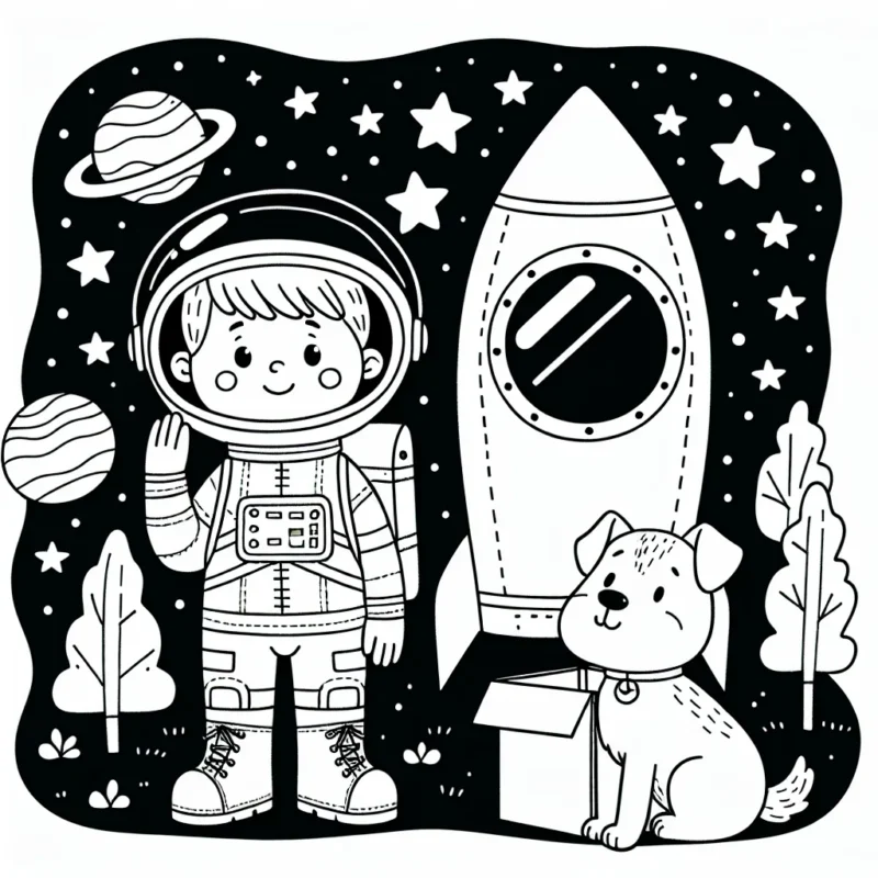 Un petit garçon rêve d'être un astronaute. Il s'est déguisé en astronaute, avec son casque, son costume et ses bottes. Il se tient devant sa fusée faite de carton, prêt à décoller vers l'espace étoilé. Son chien fidèle, portant également un casque d'astronaute, l'accompagne dans cette aventure.