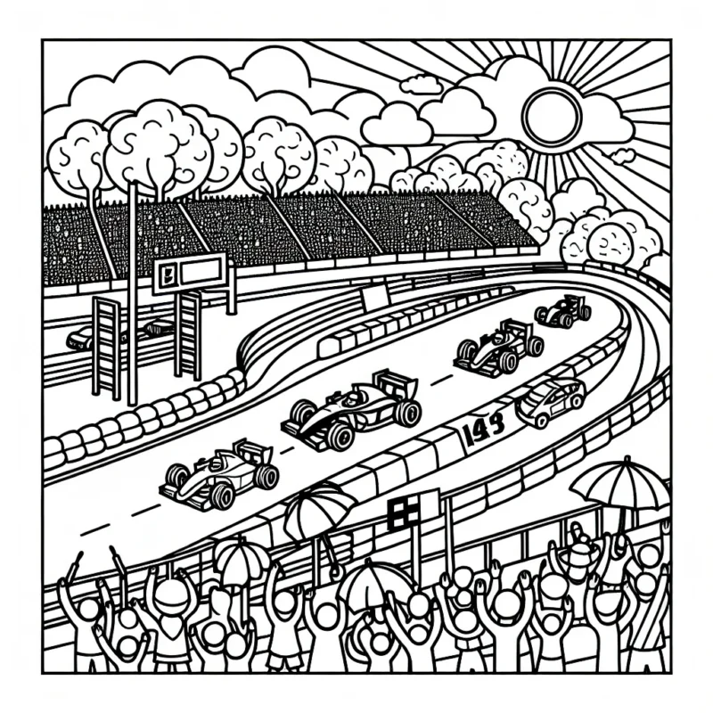 Dessine une course palpitante de voitures sur une piste animée avec des spectateurs ravis dans les gradins. N'oublie pas d'ajouter des détails comme les arbres, les panneaux de signalisation et le soleil brillant.