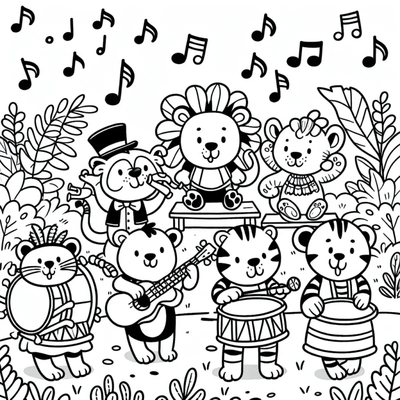 Coloriez une parade d'animaux musiciens dans une jungle joyeuse