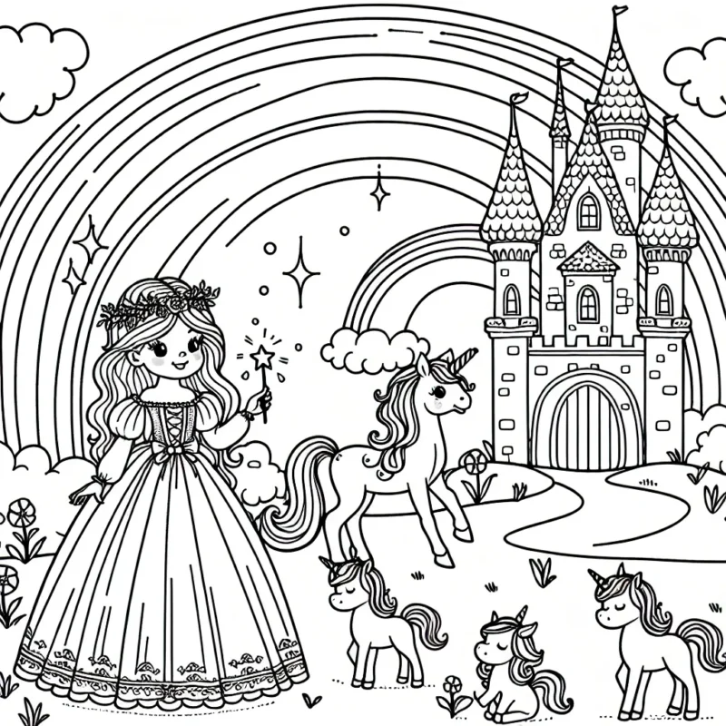 Un magnifique royaume enchanté, peuplé de licornes et de petits elfes à côté d'un grand arc-en-ciel. Au centre, une jolie princesse vêtue d'une longue robe, tenant une baguette magique. Près d'elle, se trouve un beau château rose orné de tours en spirales.