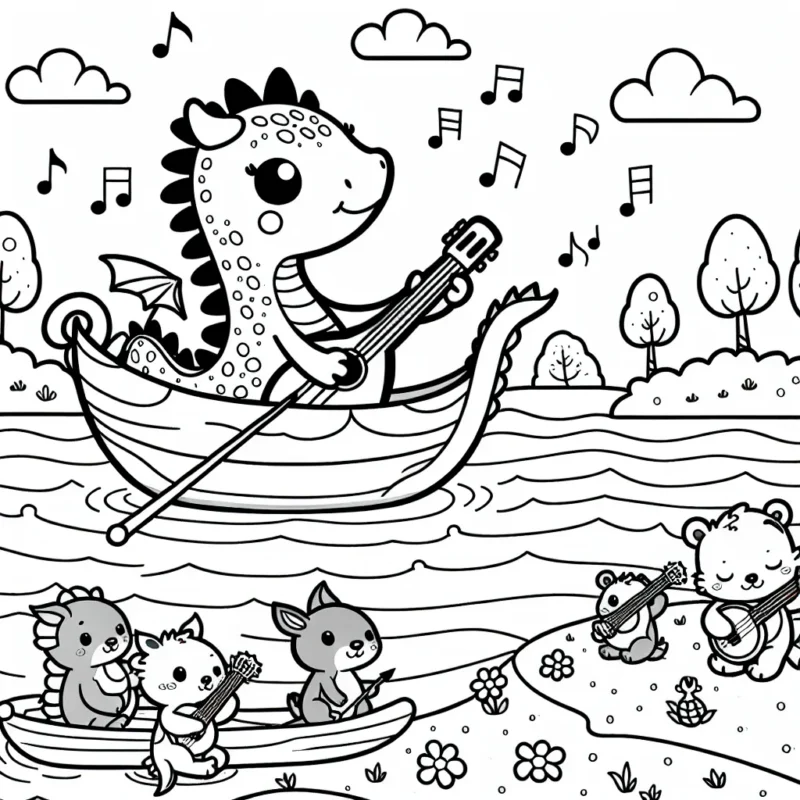 Un jeune dragon timide navigue sur un long fleuve en compagnie de petits animaux qui jouent de la musique.