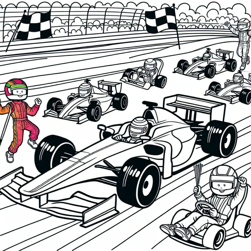 Dessin d'une scène dynamique, avec plusieurs voitures de course sur une piste de circuit, accompagnées de leurs pilotes enthousiastes vêtus de leurs combinaisons colorées
