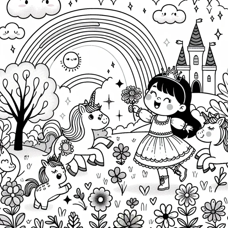 Une petite princesse joue avec des animaux magiques dans un jardin fleuri sous le regard bienveillant d'un arc-en-ciel et d'un château féerique au loin.