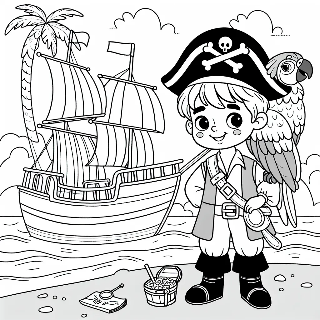 Un petit garçon vêtu comme un courageux pirate se tient devant son navire, le sourire aux lèvres. Au premier plan, on trouve un perroquet coloré perché sur son bras. Le bateau pirate navigue sur une mer calme, avec une île au trésor visible à l'horizon. Celle-ci est ornée d'un palmier, d'une carte au trésor et d'un coffre prêt à être découvert.