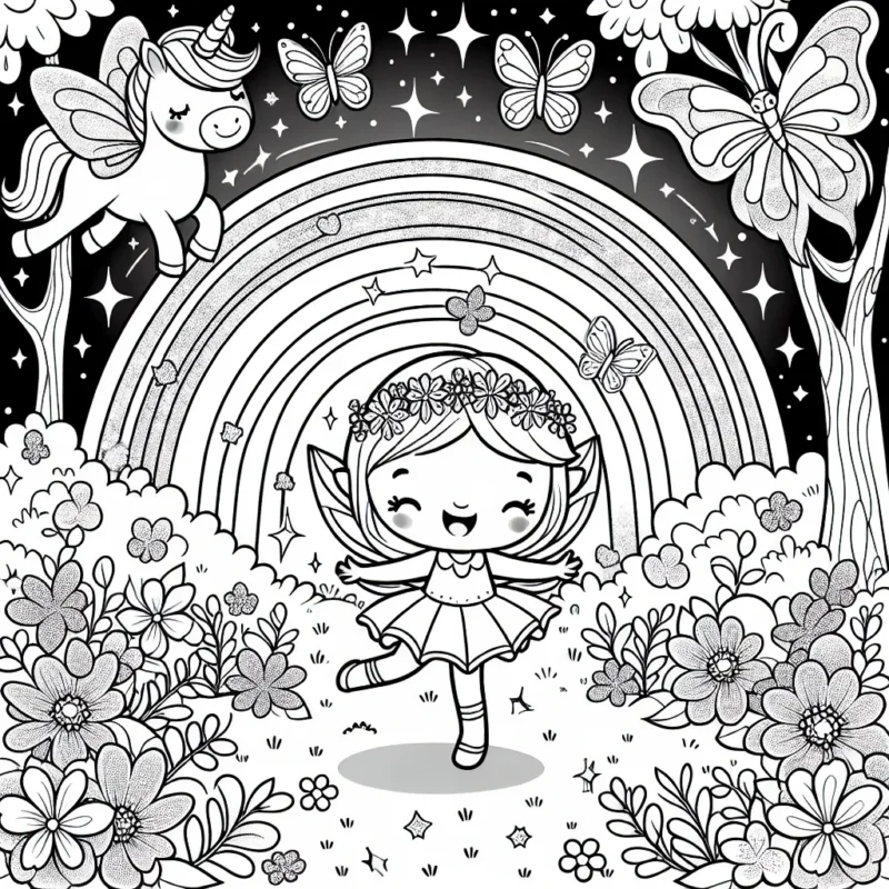 Une petite fée danse joyeusement dans une clairière lumineuse au milieu de la forêt enchantée, entourée de petits papillons chatoyants et de fleurs lumineuses. Un arc-en-ciel majestueux surplombe le paysage, et dans le coin, on peut voir une mignonne licorne paissant tranquillement.