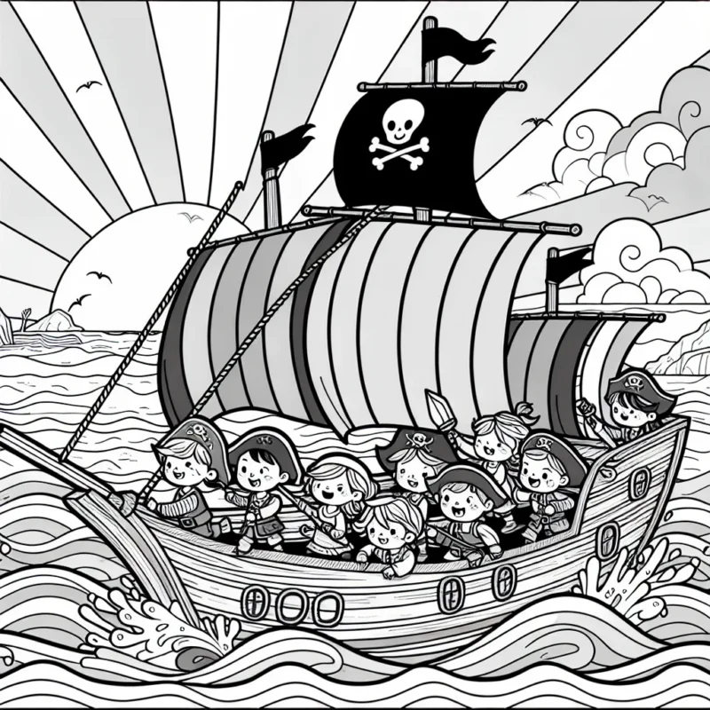 Une brigade de petits pirates naviguant sur l'océan à bord de leur grand navire en bois, avec en fond un coucher de soleil éclatant et une île au trésor à l'horizon
