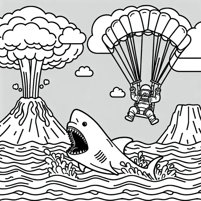 Imagine un parachutiste chevauchant un requin en pleine mer tout en sautant d'une falaise, avec une éruption volcanique à l'arrière-plan.