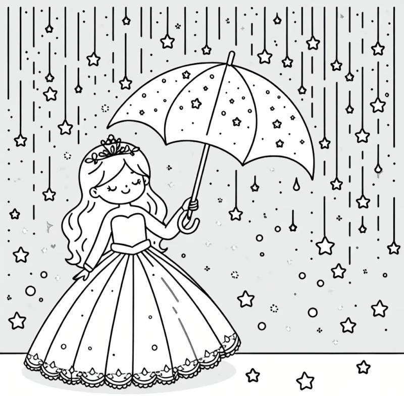 Dessine une princesse tenant un parapluie magique sous une pluie d'étoiles
