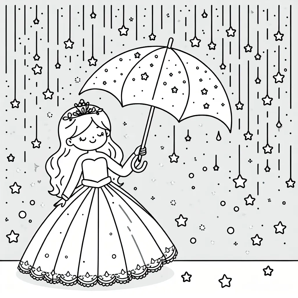 Dessine une princesse tenant un parapluie magique sous une pluie d'étoiles