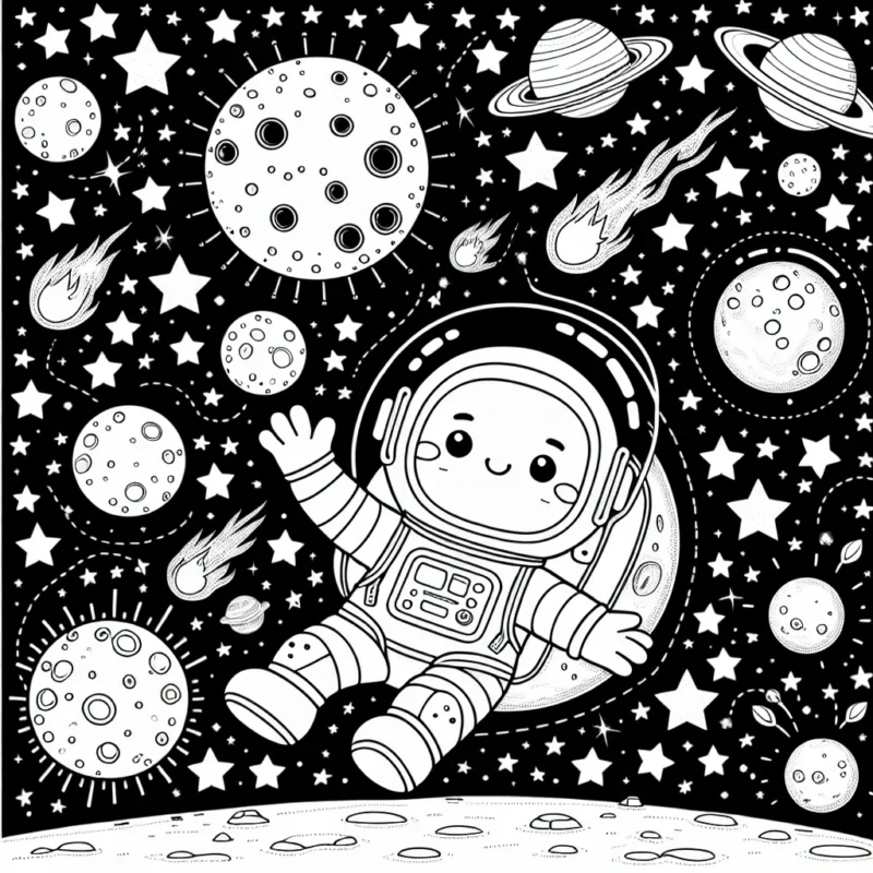 Notre petit ami dérive sur la Lune dans un vaisseau spatial avec un costume futuriste. Autour de lui, il y a des étoiles, des planètes, des comètes, la Voie Lactée et bien d'autres choses étonnantes de l'espace.