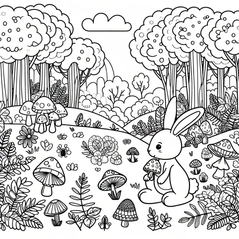 Un petit lapin se promène en forêt et découvre une clairière enchantée remplie de champignons, de fleurs et d'insectes étrangement colorés. Colorie ce paysage enchanté et rends-le plus vivant que possible.