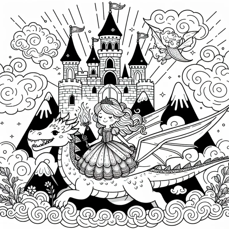 Un château de contes de fées au sommet d'une montagne, entouré de nuages, avec une princesse à équitation sur un dragon qui crache du feu