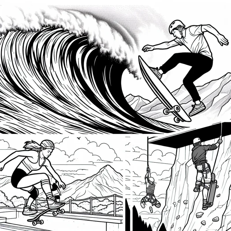 Imagine un dessin mettant en scène un surfeur professionnel en plein saut au-dessus d'une vague énorme, un skateur effectuant un tour périlleux dans un skatepark et un grimpeur sur une falaise vertigineuse. N'oublie pas de dessiner spécifiquement l'équipement que chaque sportif utilise pour leur sport respectif.