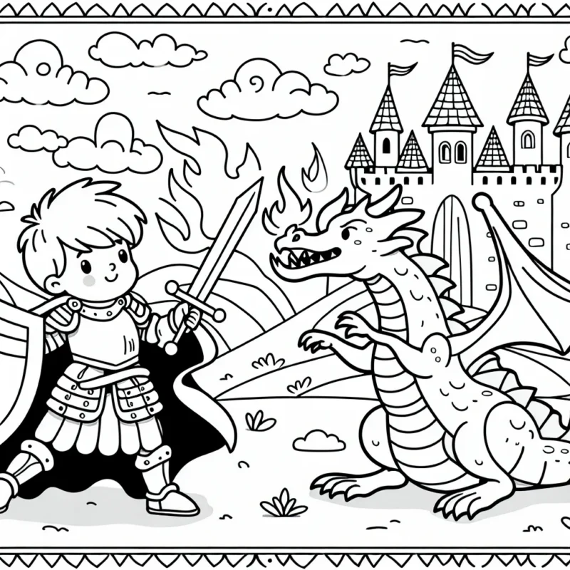 Un jeune chevalier courageux défiant un dragon cracheur de feu tout en protégeant son royaume