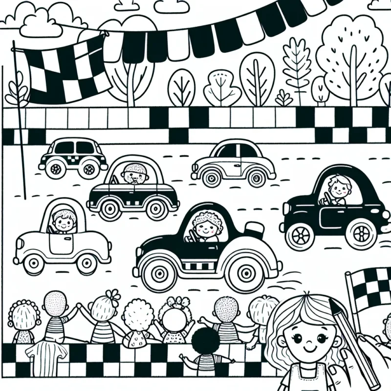 Esquissez une scène d'un sympathique concours de voitures avec des véhicules de toutes formes et tailles. N'oubliez pas d'inclure une variété de détails, du drapeau à damier au public captivé, afin que les enfants aient plein de détails à colorier.