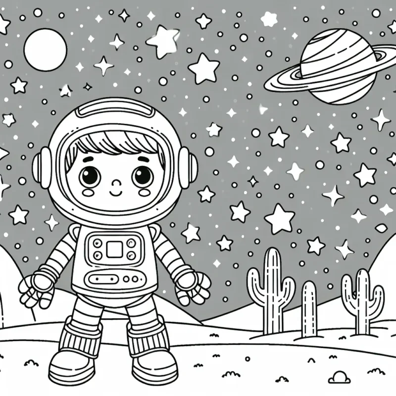 Un petit garçon avec son super costume de robot explorant une galaxie lointaine pleine d'étoiles pétillantes.