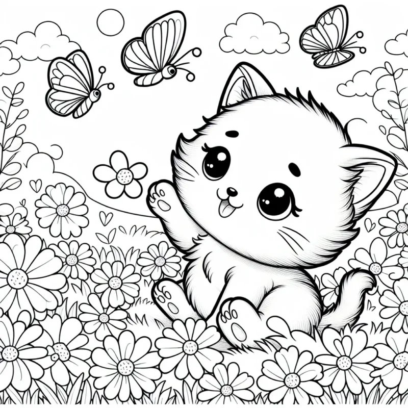 Un adorable chaton joue avec des papillons dans un champ de fleurs colorées