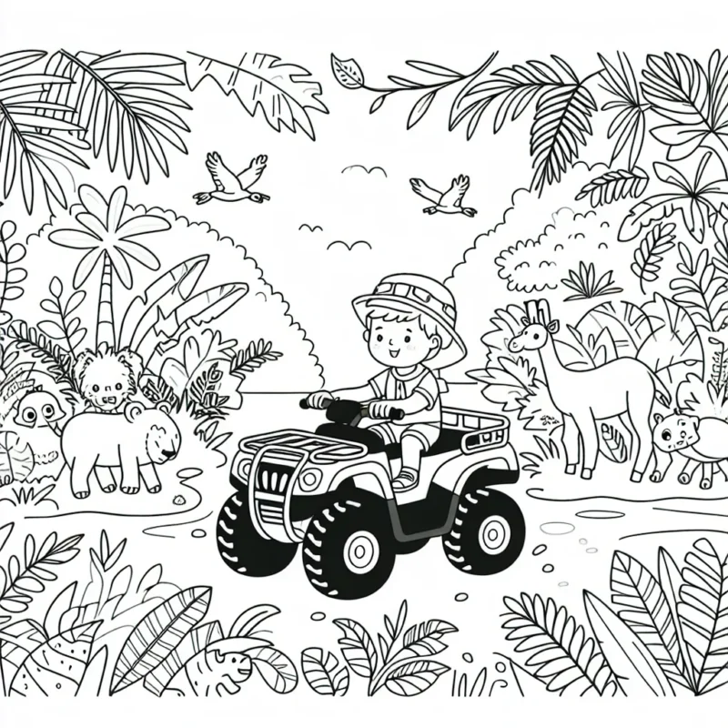 Un jeune garçon traversant une jungle peuplée d'animaux exotiques et de plantes tropicales vives sur son robuste quad tout-terrain.