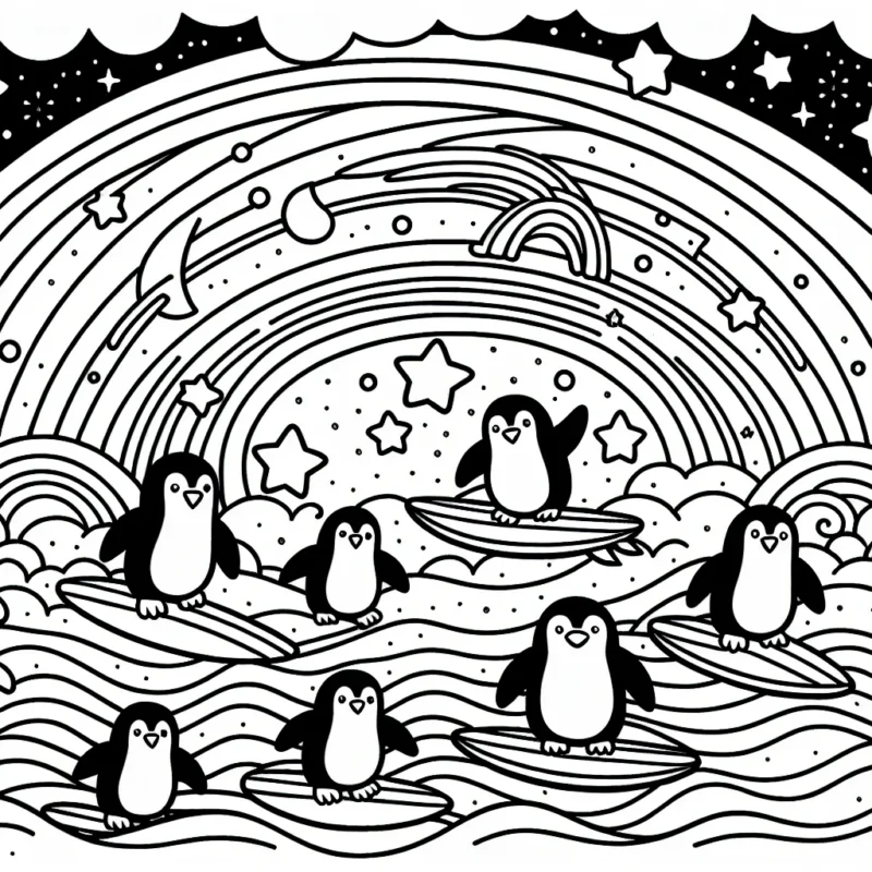 Un groupe de pingouins surfeurs sur une vague arc-en-ciel sous un ciel étoilé.