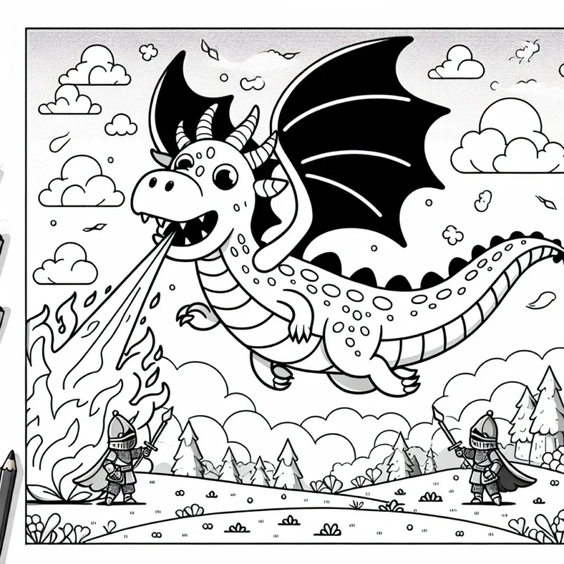 Une grande illustration de dragon super animé et plein de détails, volant dans le ciel, crachant des flammes et protégeant son précieux trésor des chevaliers tentant de le voler.