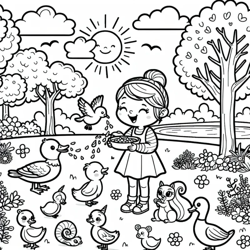 Une petite fille joyeuse nourrit de nombreux animaux dans un parc ensoleillé. Il y a des canards, des écureuils, des oiseaux et même une licorne cachée, embrassant tous le partage d'aliments et la compagnie. De beaux arbres, des fleurs et un étang garnissent l'arrière-plan.