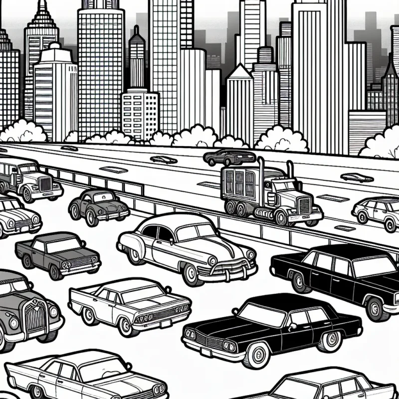 Un convoi de voitures diverses, du vintage à l'ultra-moderne, traversant une ville animée, capturé au crépuscule.