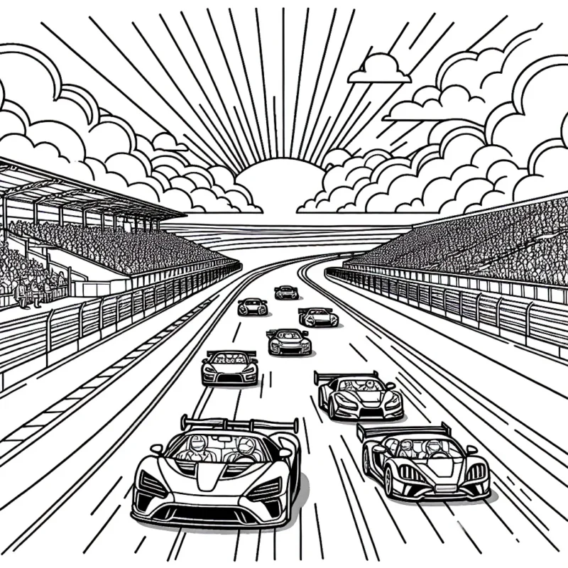 Dessine une course épique de voitures de sport colorées sur une piste de course animée, avec des tribunes remplies de spectateurs et un ciel ensoleillé.