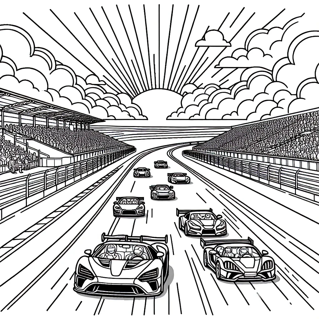 Dessine une course épique de voitures de sport colorées sur une piste de course animée, avec des tribunes remplies de spectateurs et un ciel ensoleillé.