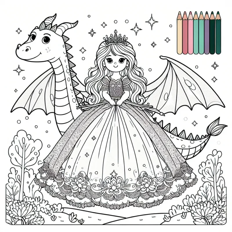 Une petite princesse avec une longue robe pailletée est blottie sur le dos d'un dragon amical volant au-dessus d'un paysage de jardins enchantés à colorier.