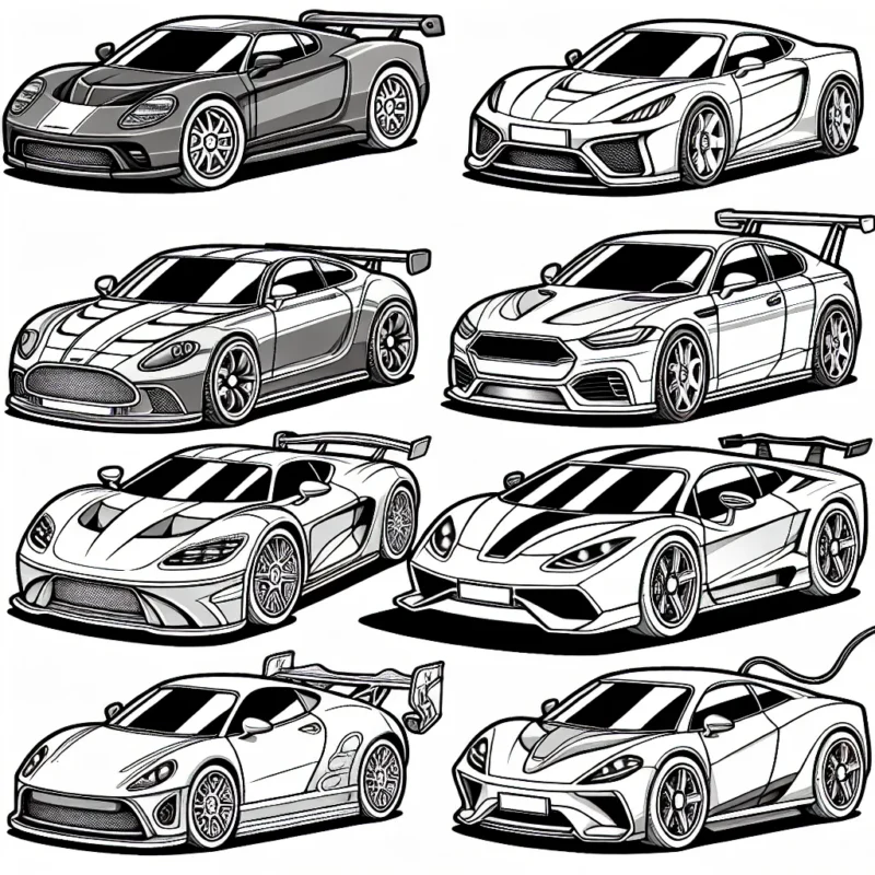 Des voitures de différentes marques sont alignées, prêtes pour la course. Chaque voiture porte les détails emblématiques de sa marque. De la Porsche à la Renault, en passant par la Tesla, ces voitures attendent vos couleurs préférées !