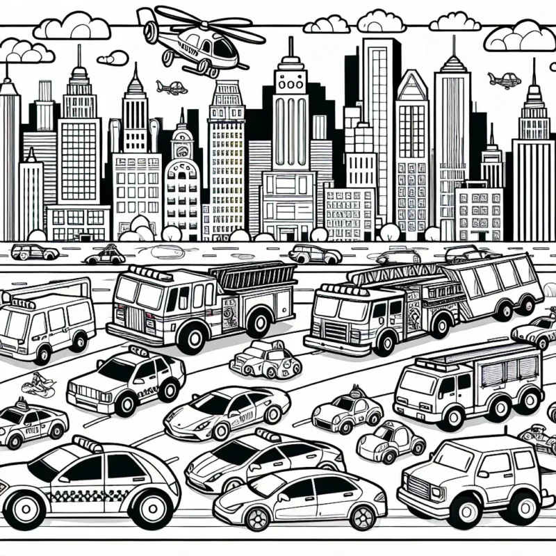 Imagine un incroyable paysage urbain avec des voitures de toutes sortes : des voitures de course, des taxis jaunes, des camions de pompiers, des caravanes et même des voitures volantes. Aussi, n'oublie pas d'inclure des détails comme les conducteurs, les passants et les bâtiments en arrière-plan.