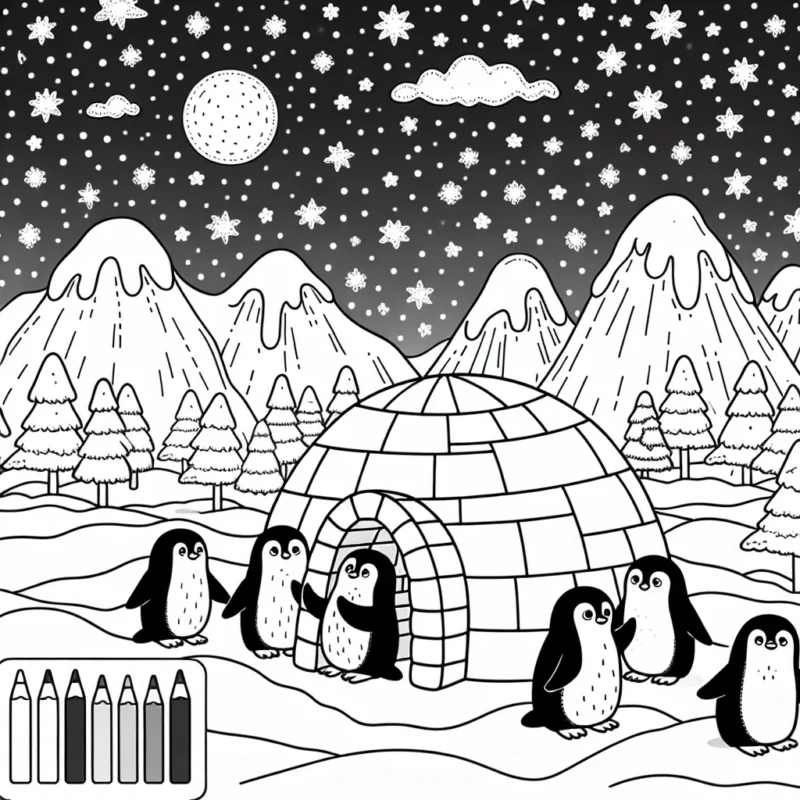 Un groupe de pingouins construisant un igloo sous un ciel étoilé boréal