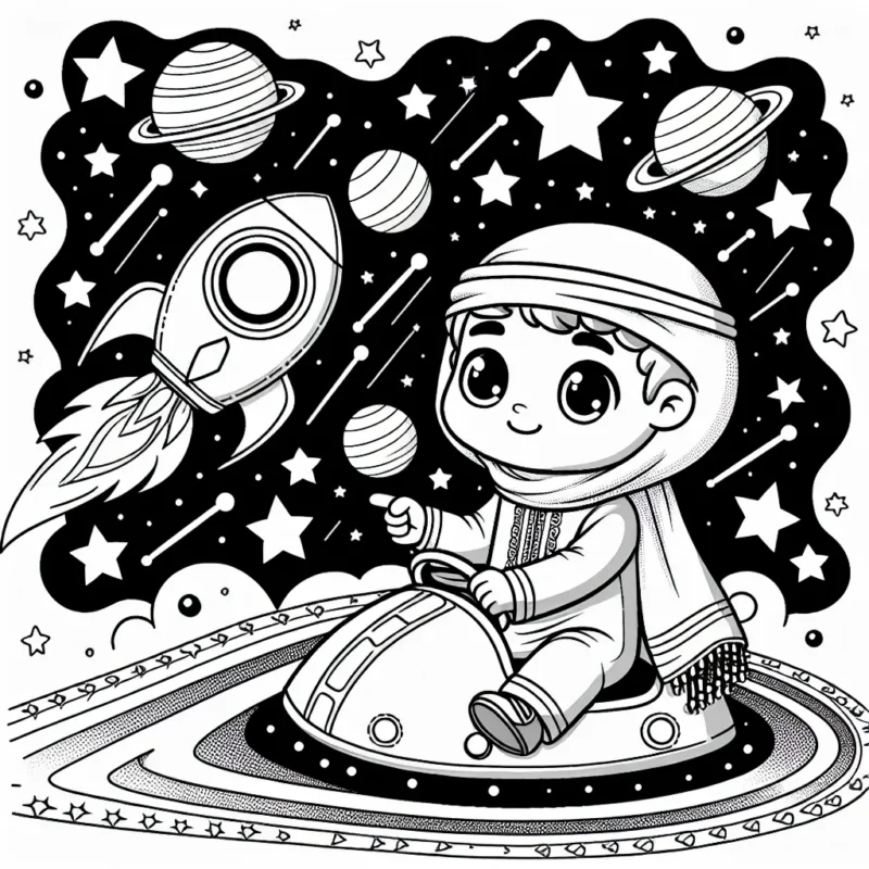 Un petit garçon commandant un vaisseau spatial à travers la galaxie, traversant des étoiles filantes et des planètes colorées.
