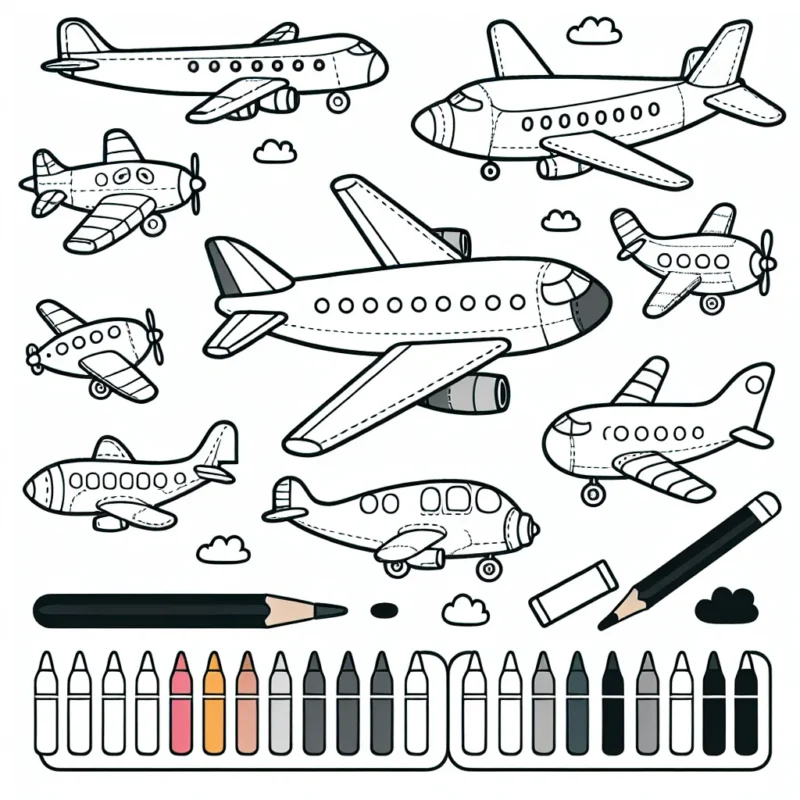 Un assortiment de différents types d'avions à colorier. Chaque type d'avion a été spécialement dessiné pour stimuler l'imagination des enfants et aider à développer leurs capacités artistiques. L'objectif est de leur permettre de choisir leurs propres couleurs pour les avions.