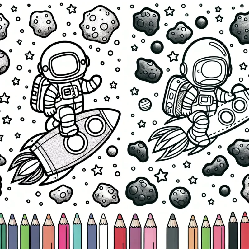 Un astronaute et son vaisseau spatial traversent un champ d'astéroïdes colorés.