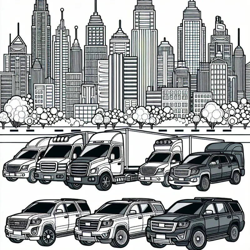 Dans ce dessin, des voitures de différentes marques sont alignées devant un panorama urbain. Le logo de chaque marque est affiché distinctement sur chaque véhicule.