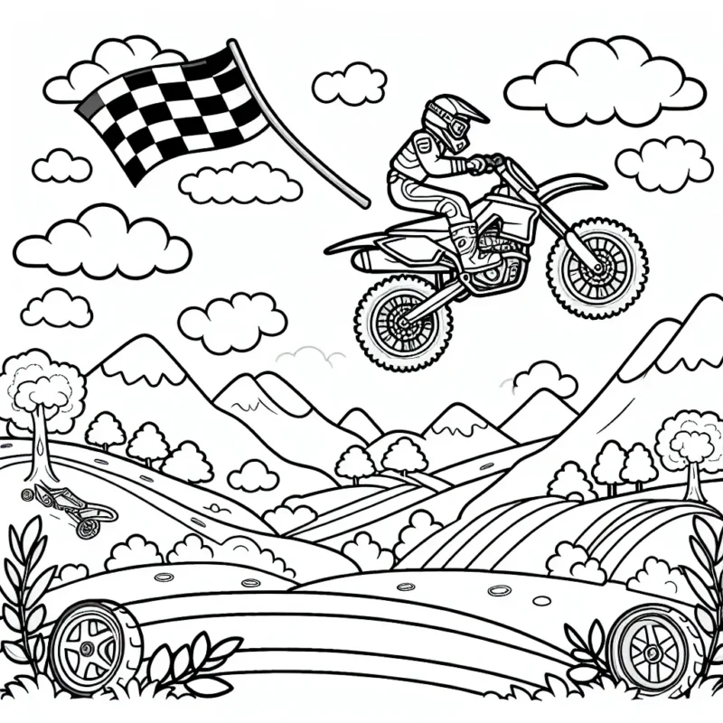 Imaginez un motocross sur une piste accidentée avec un pilote faisant une figure acrobatique dans les airs, entouré de montagnes et de nuages. Dans le coin, un spectateur tient un drapeau à damier et dans l'autre coin, il y a un casque et des jantes de moto comme détails supplémentaires.